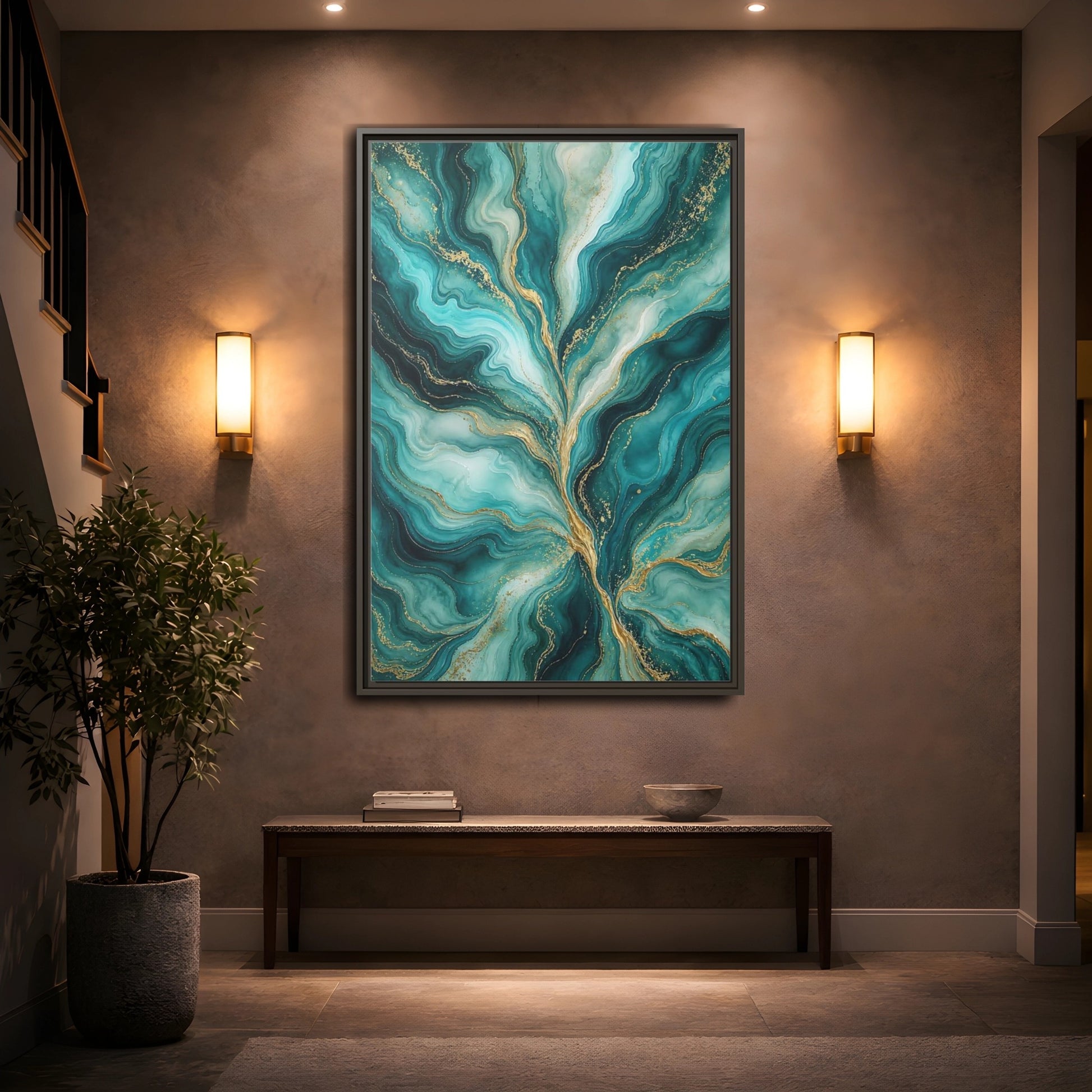 Mockup 2. Abstract Abstract Waves Teal Gold Abstract shown as stretched canvas wall art