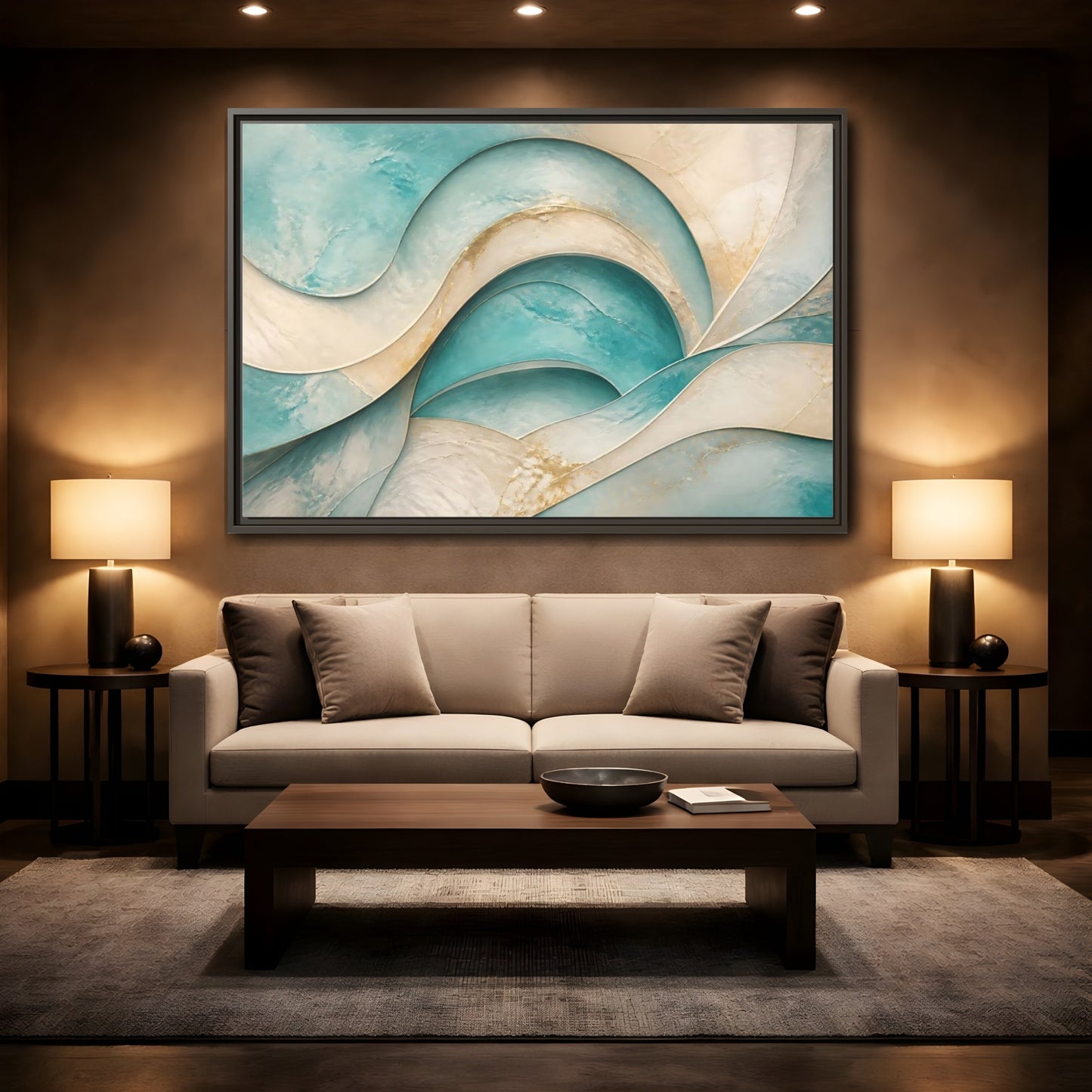 Mockup 2. Abstract Abstract Waves Teal Gold Abstract shown as stretched canvas wall art