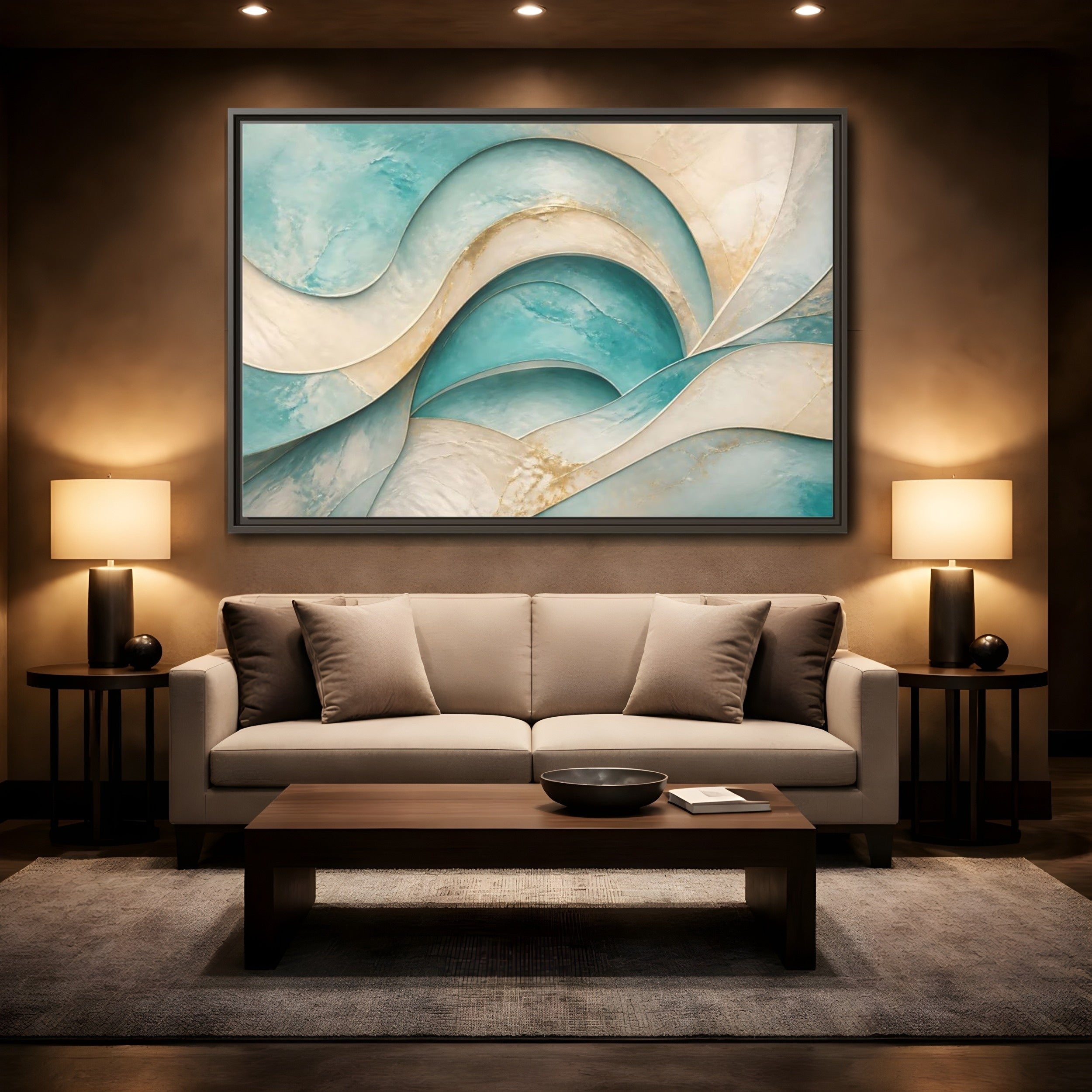 Mockup 2. Abstract Abstract Waves Teal Gold Abstract shown as stretched canvas wall art