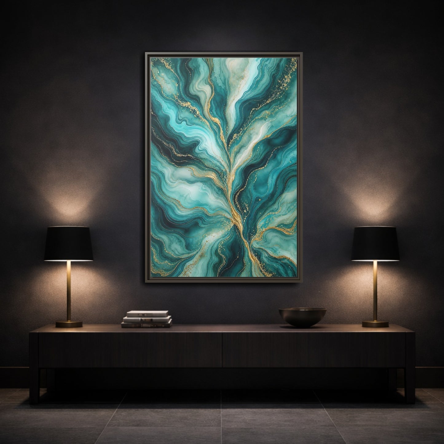 Mockup 3. Abstract Abstract Waves Teal Gold Abstract shown as stretched canvas wall art