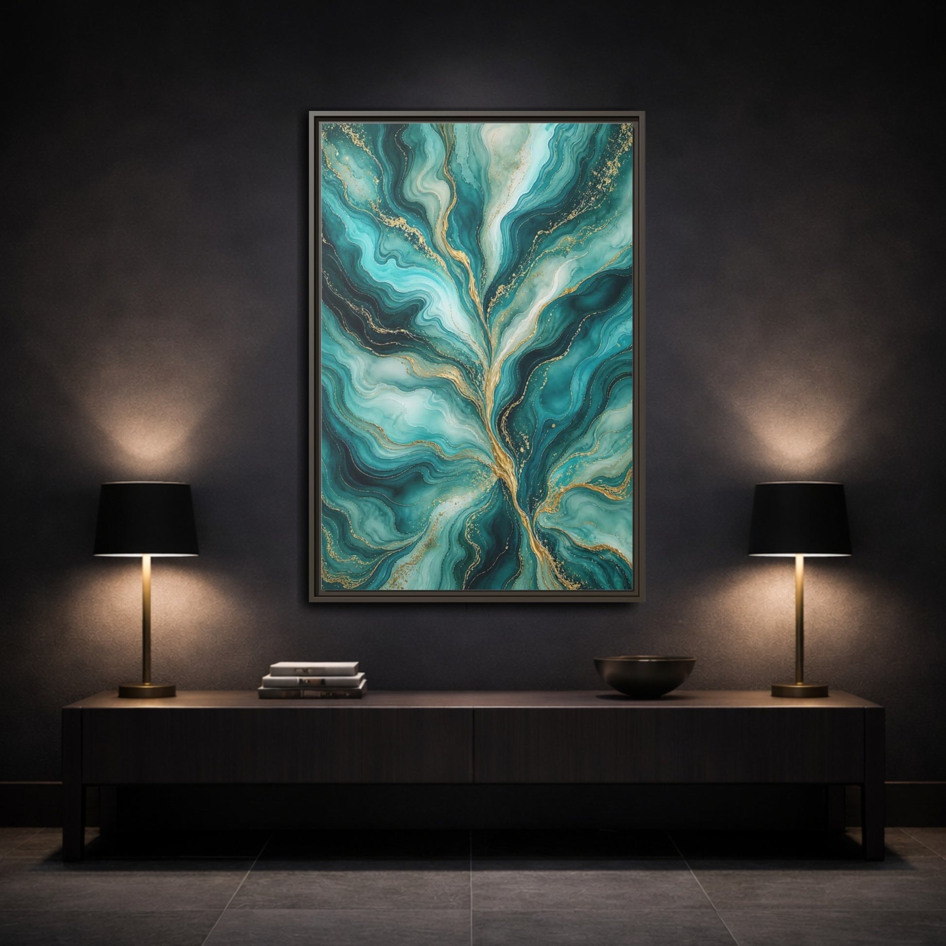Mockup 3. Abstract Abstract Waves Teal Gold Abstract shown as stretched canvas wall art