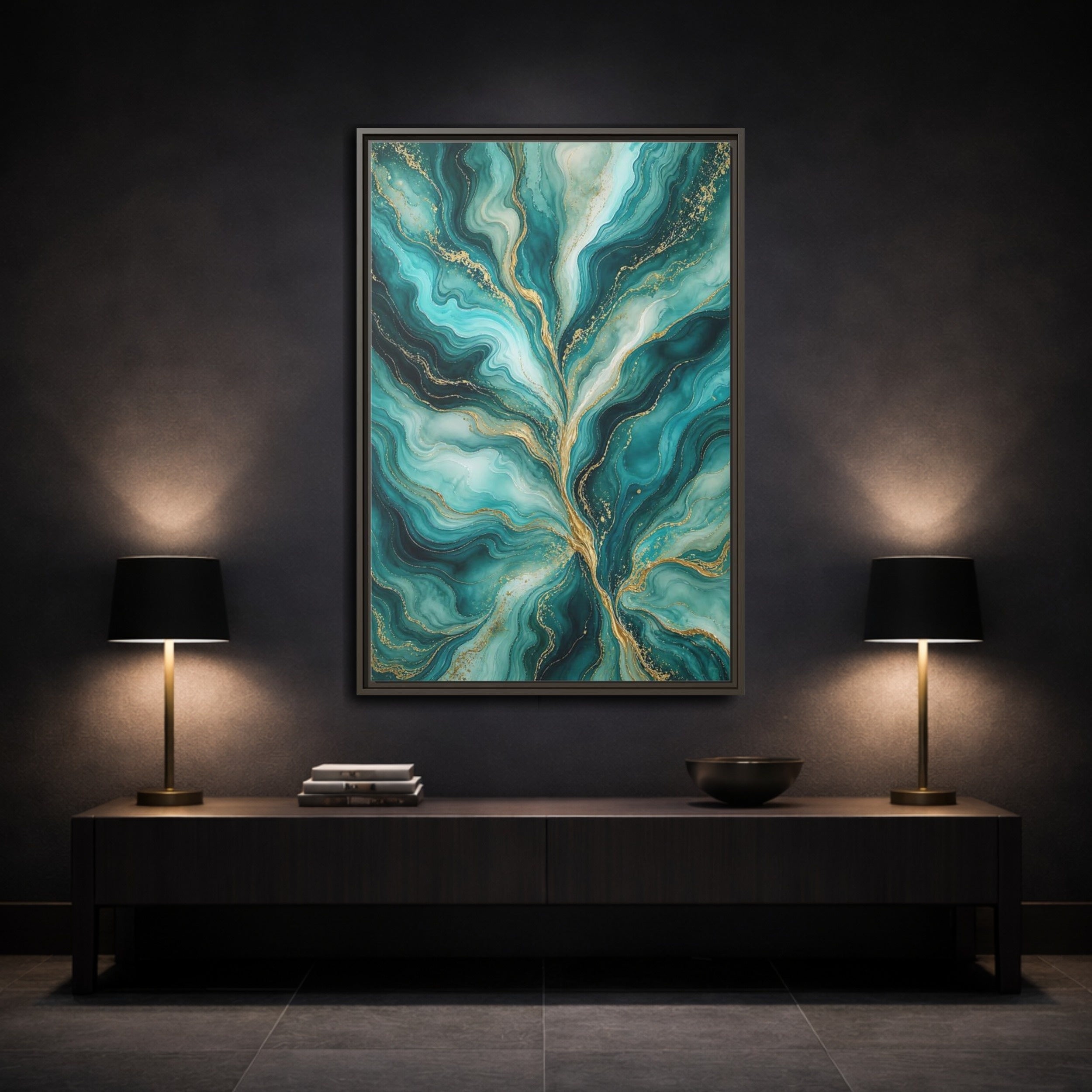 Mockup 3. Abstract Abstract Waves Teal Gold Abstract shown as stretched canvas wall art