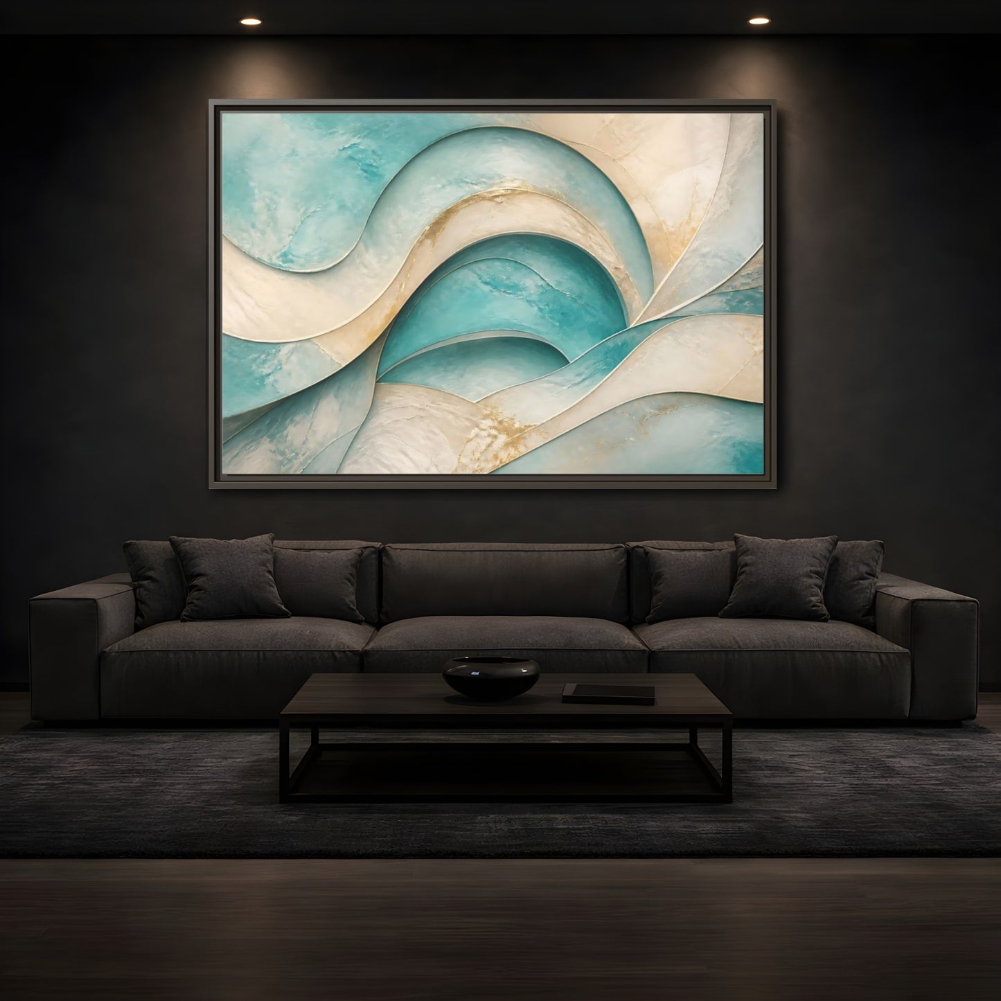 Mockup 3. Abstract Abstract Waves Teal Gold Abstract shown as stretched canvas wall art