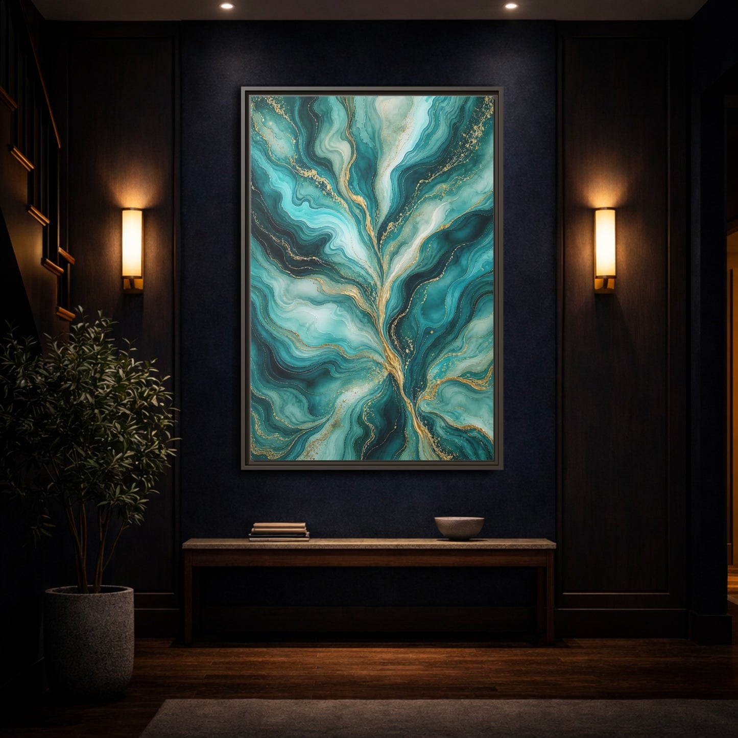 Mockup 4. Abstract Abstract Waves Teal Gold Abstract shown as stretched canvas wall art