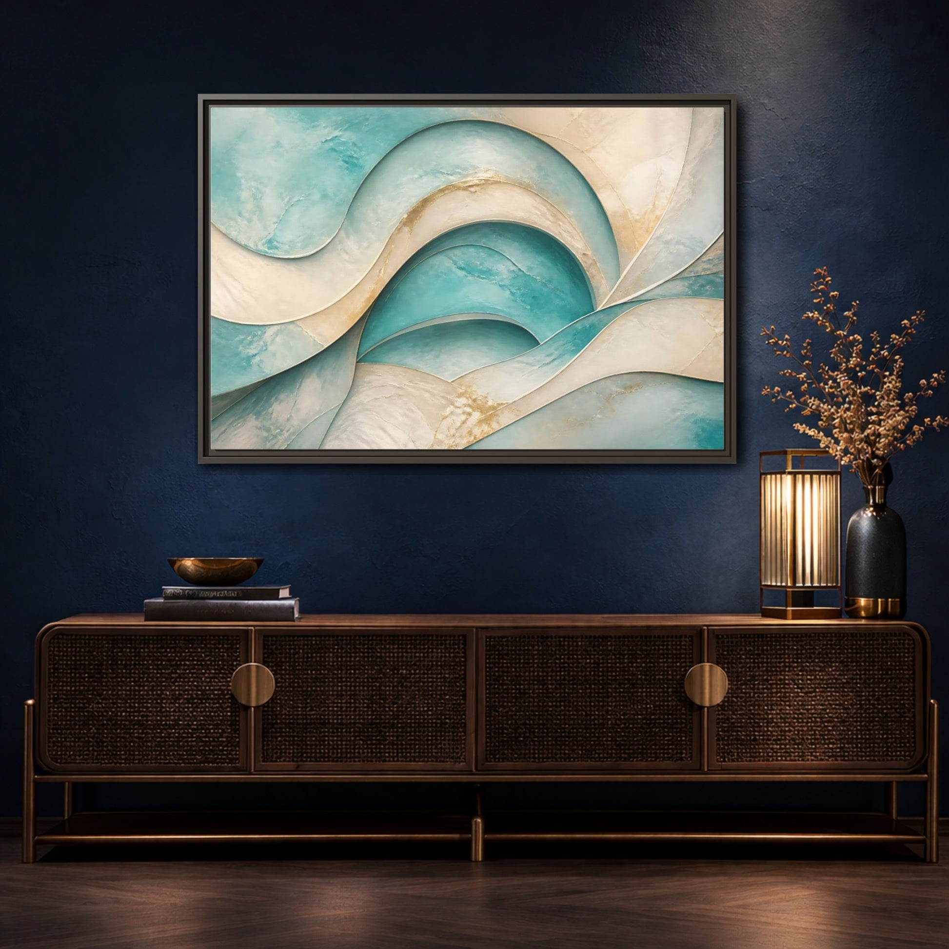 Mockup 4. Abstract Abstract Waves Teal Gold Abstract shown as stretched canvas wall art