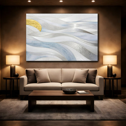 Mockup 2. Abstract Accent Silver Waves shown as canvas print