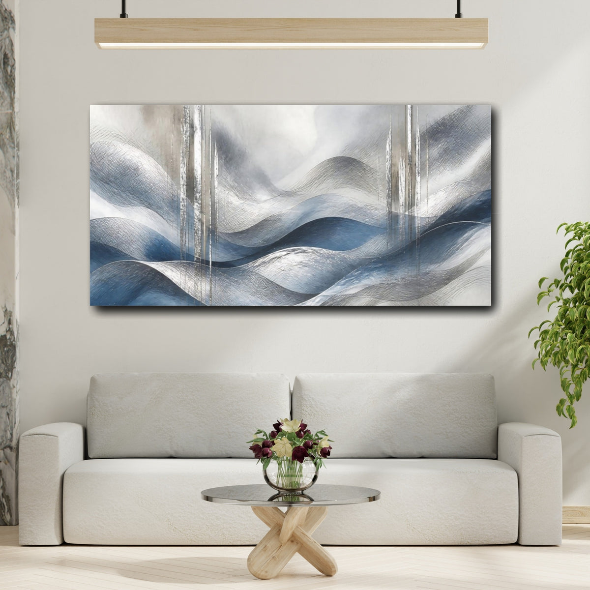 Mockup 2. Abstract Accent Silver Waves shown as canvas print