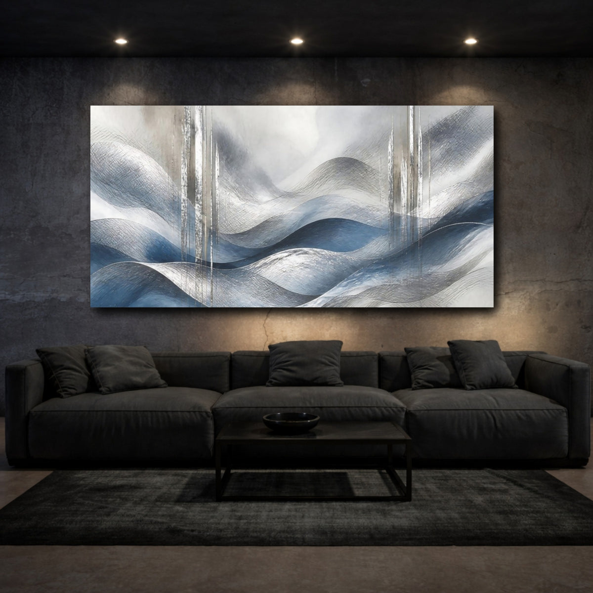 Mockup 3. Abstract Accent Silver Waves shown as canvas print