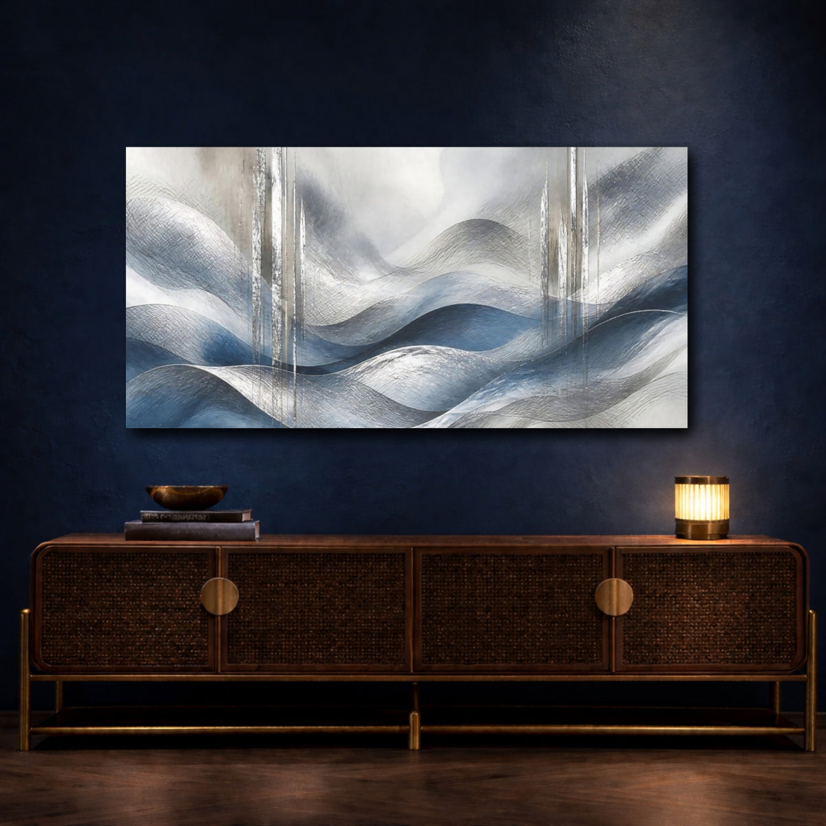 Mockup 4. Abstract Accent Silver Waves shown as canvas print