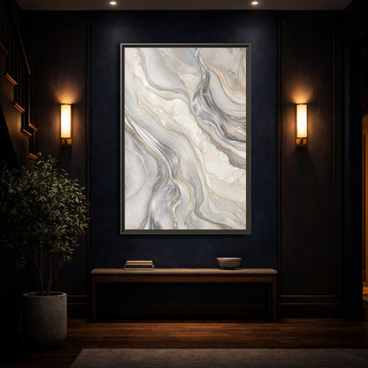 Mockup 4. Abstract Agate Marble Grey Gold shown as stretched canvas wall art