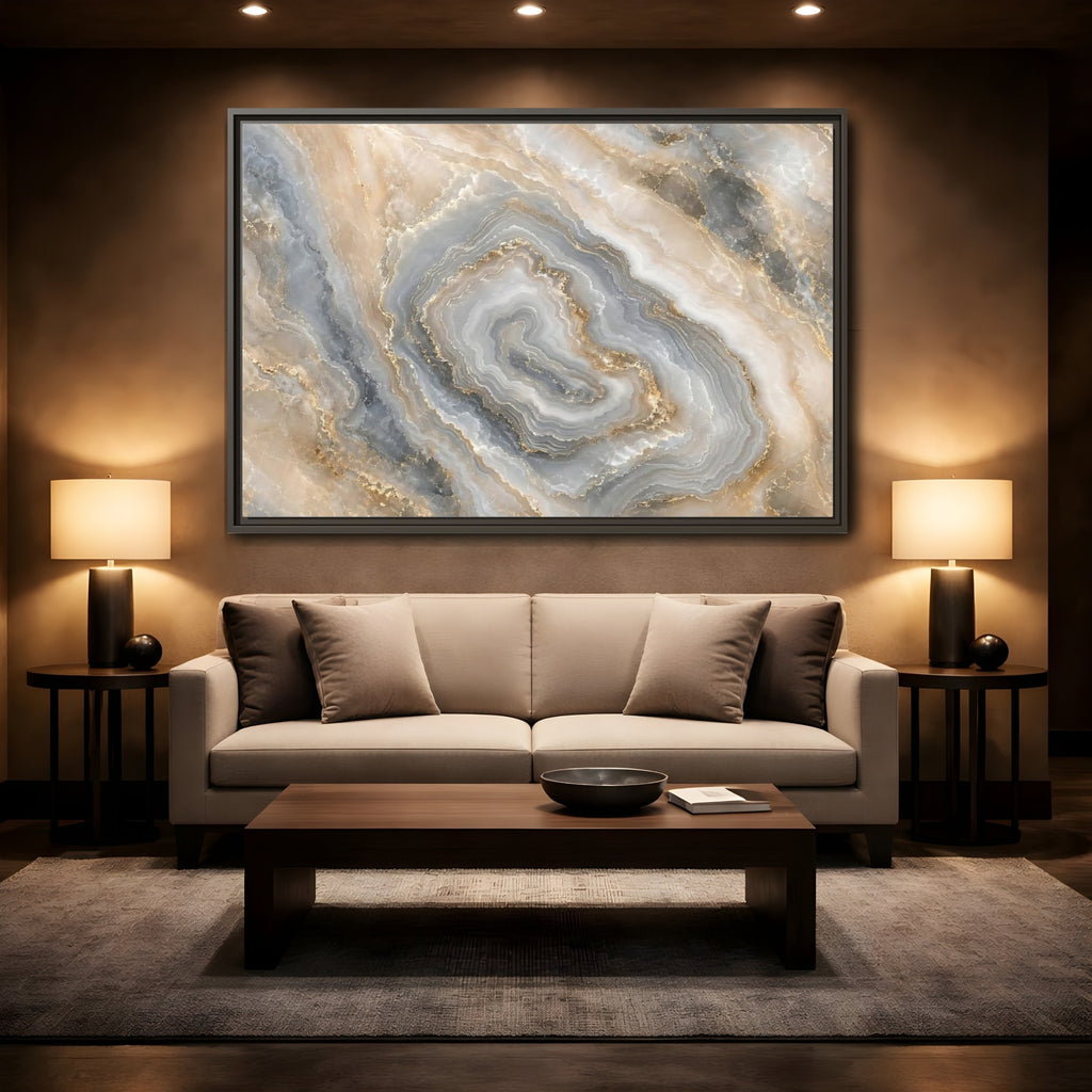 Mockup 2. Abstract Agate Stone Gold And Grey Agate shown as stretched canvas wall art