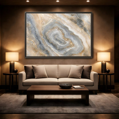 Mockup 2. Abstract Agate Stone Gold And Grey Agate shown as stretched canvas wall art