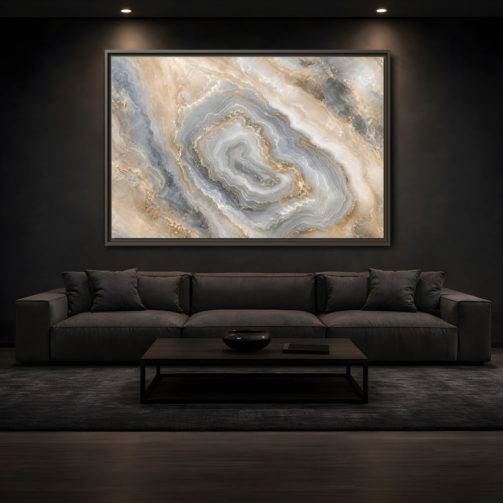 Mockup 3. Abstract Agate Stone Gold And Grey Agate shown as stretched canvas wall art