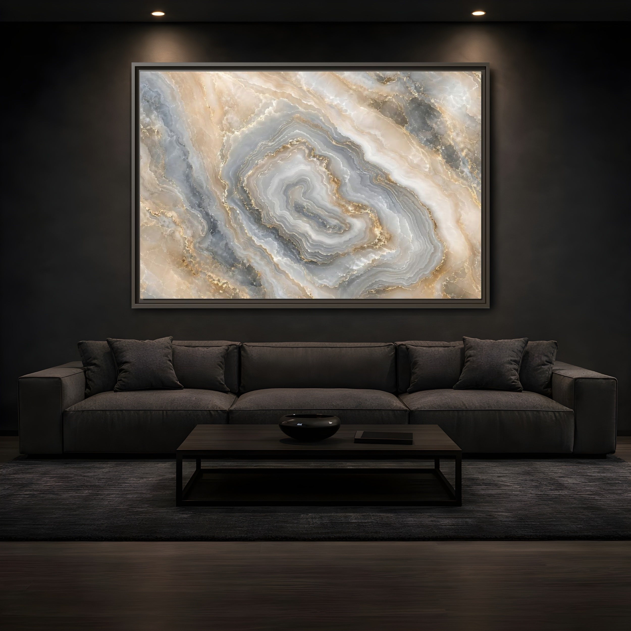 Mockup 3. Abstract Agate Stone Gold And Grey Agate shown as stretched canvas wall art
