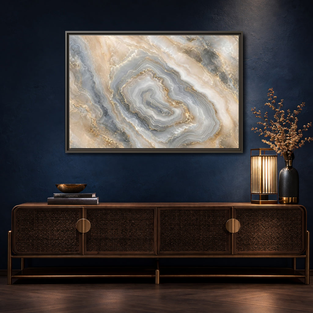 Mockup 4. Abstract Agate Stone Gold And Grey Agate shown as stretched canvas wall art