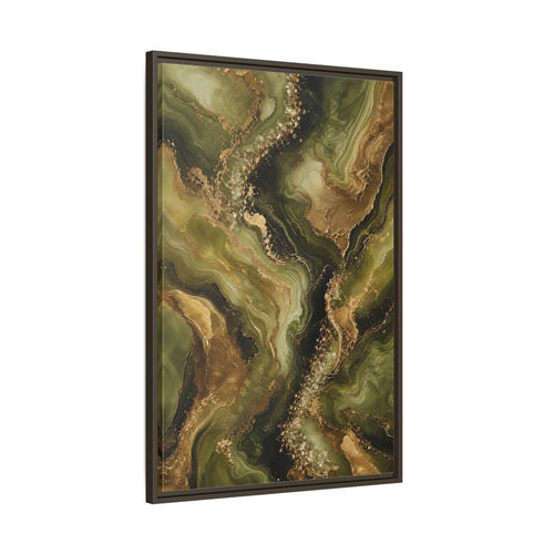 Main Mockup. Abstract Agate Stone Green And Gold shown as stretched canvas wall art