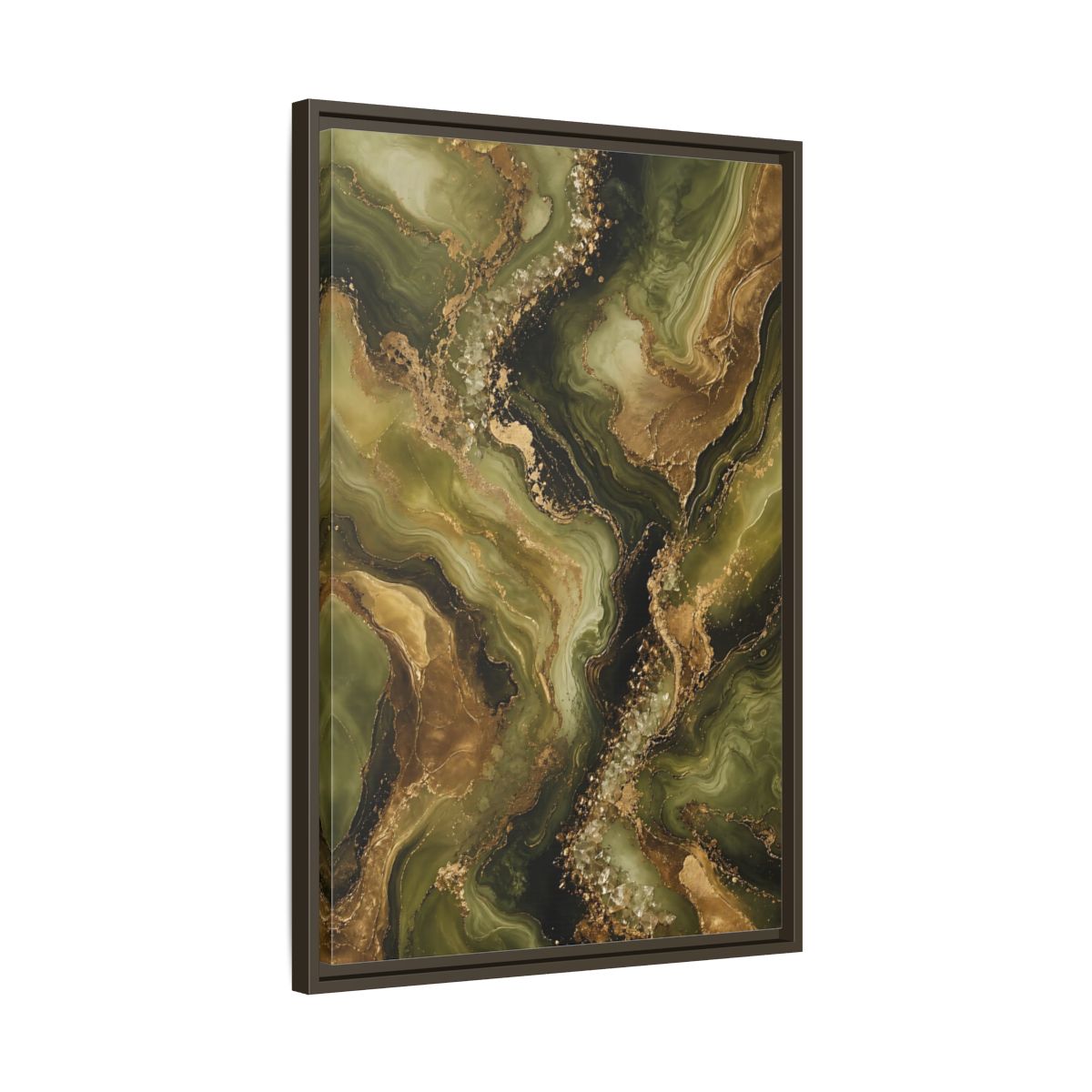 Side Mockup 11. Abstract Agate Stone Green And Gold shown as stretched canvas wall art