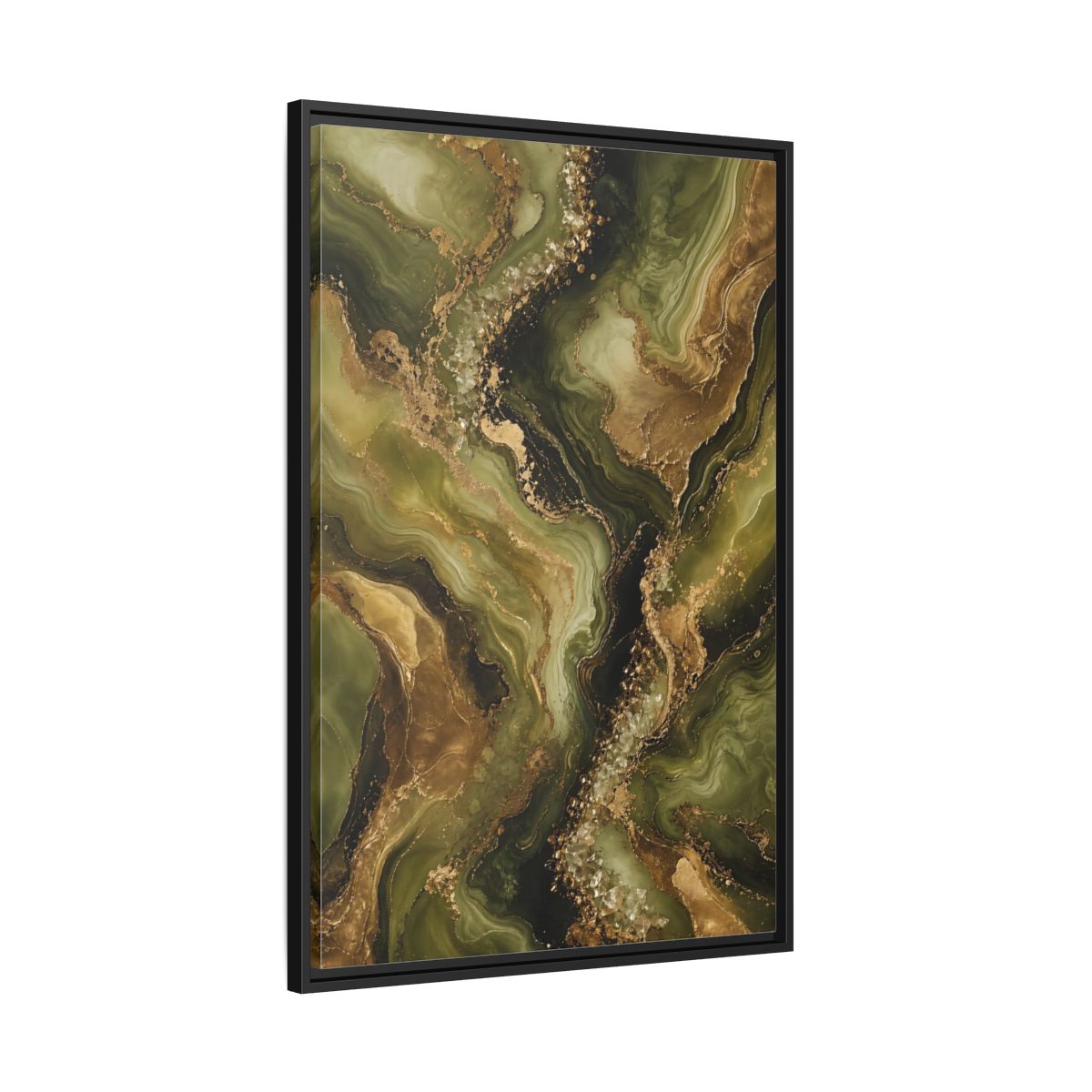 Side Mockup 13. Abstract Agate Stone Green And Gold shown as stretched canvas wall art
