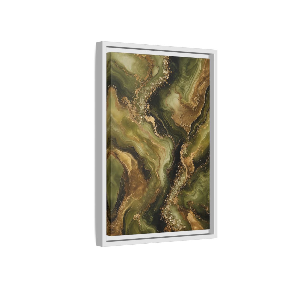 Side Mockup 4. Abstract Agate Stone Green And Gold shown as stretched canvas wall art