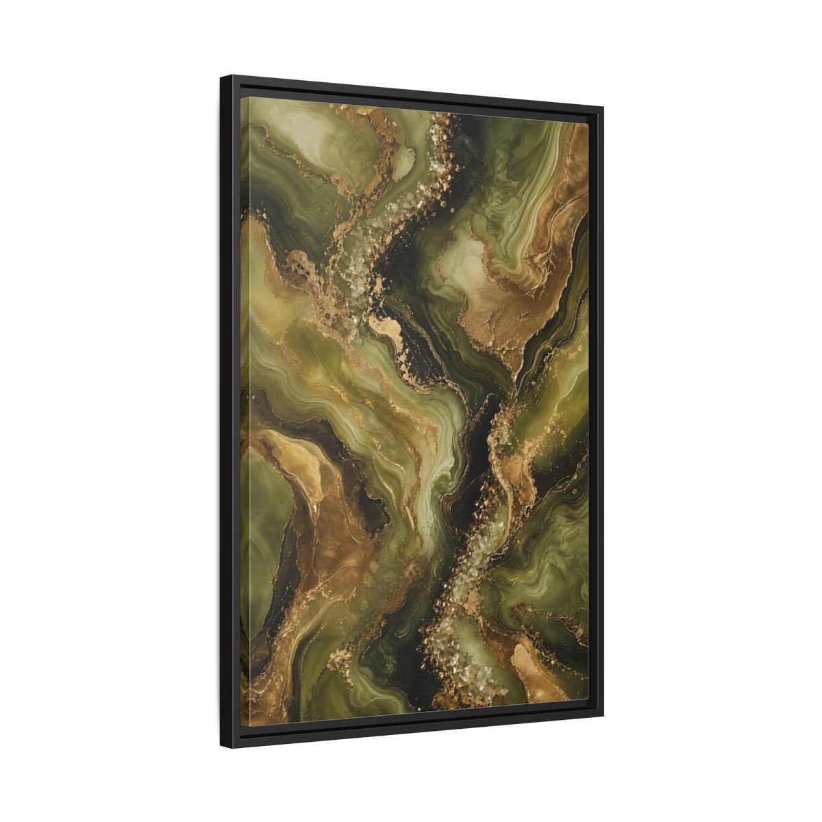 Side Mockup 14. Abstract Agate Stone Green And Gold shown as stretched canvas wall art