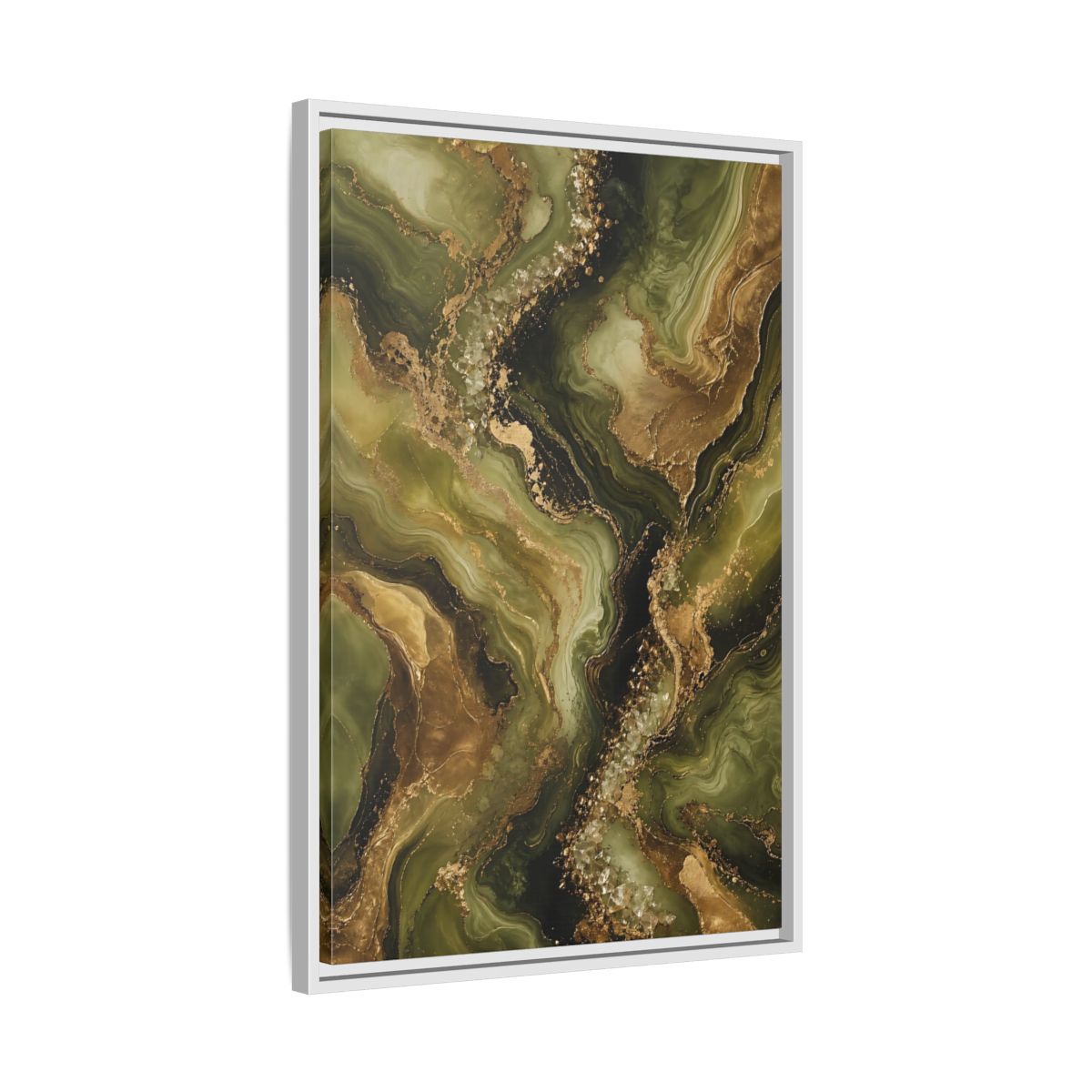 Side Mockup 10. Abstract Agate Stone Green And Gold shown as stretched canvas wall art