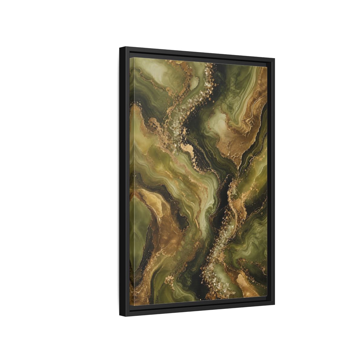 Side Mockup 3. Abstract Agate Stone Green And Gold shown as stretched canvas wall art