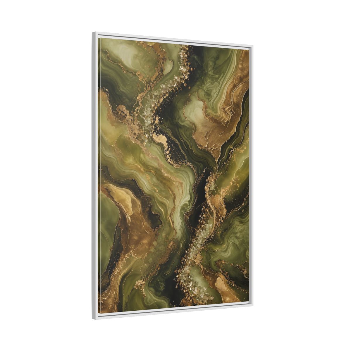 Side Mockup 7. Abstract Agate Stone Green And Gold shown as stretched canvas wall art