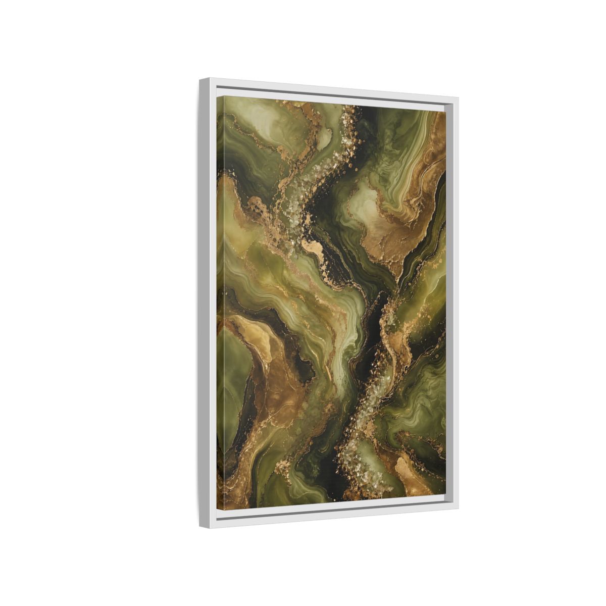 Side Mockup 1. Abstract Agate Stone Green And Gold shown as stretched canvas wall art