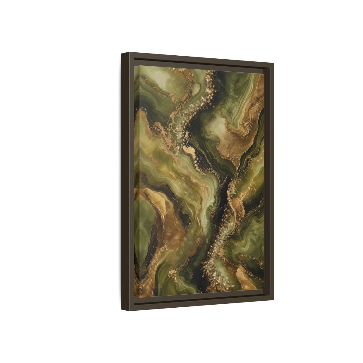 Side Mockup 5. Abstract Agate Stone Green And Gold shown as stretched canvas wall art