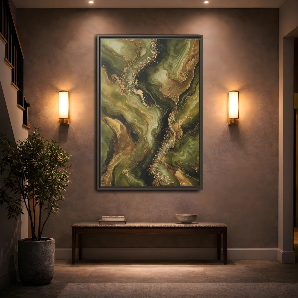 Mockup 2. Abstract Agate Stone Green And Gold shown as stretched canvas wall art
