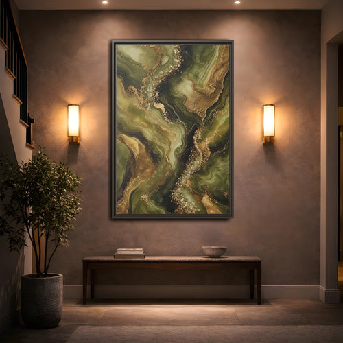 Mockup 2. Abstract Agate Stone Green And Gold shown as stretched canvas wall art