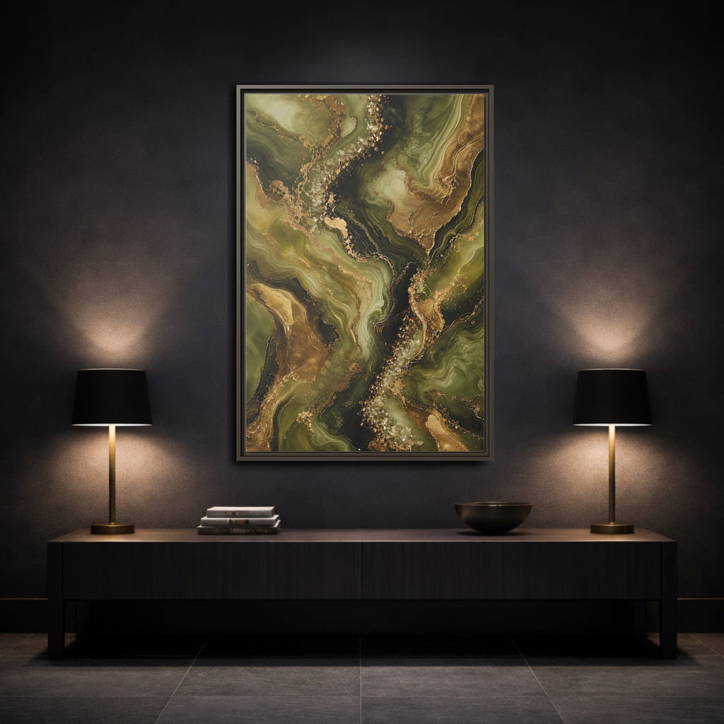 Mockup 3. Abstract Agate Stone Green And Gold shown as stretched canvas wall art