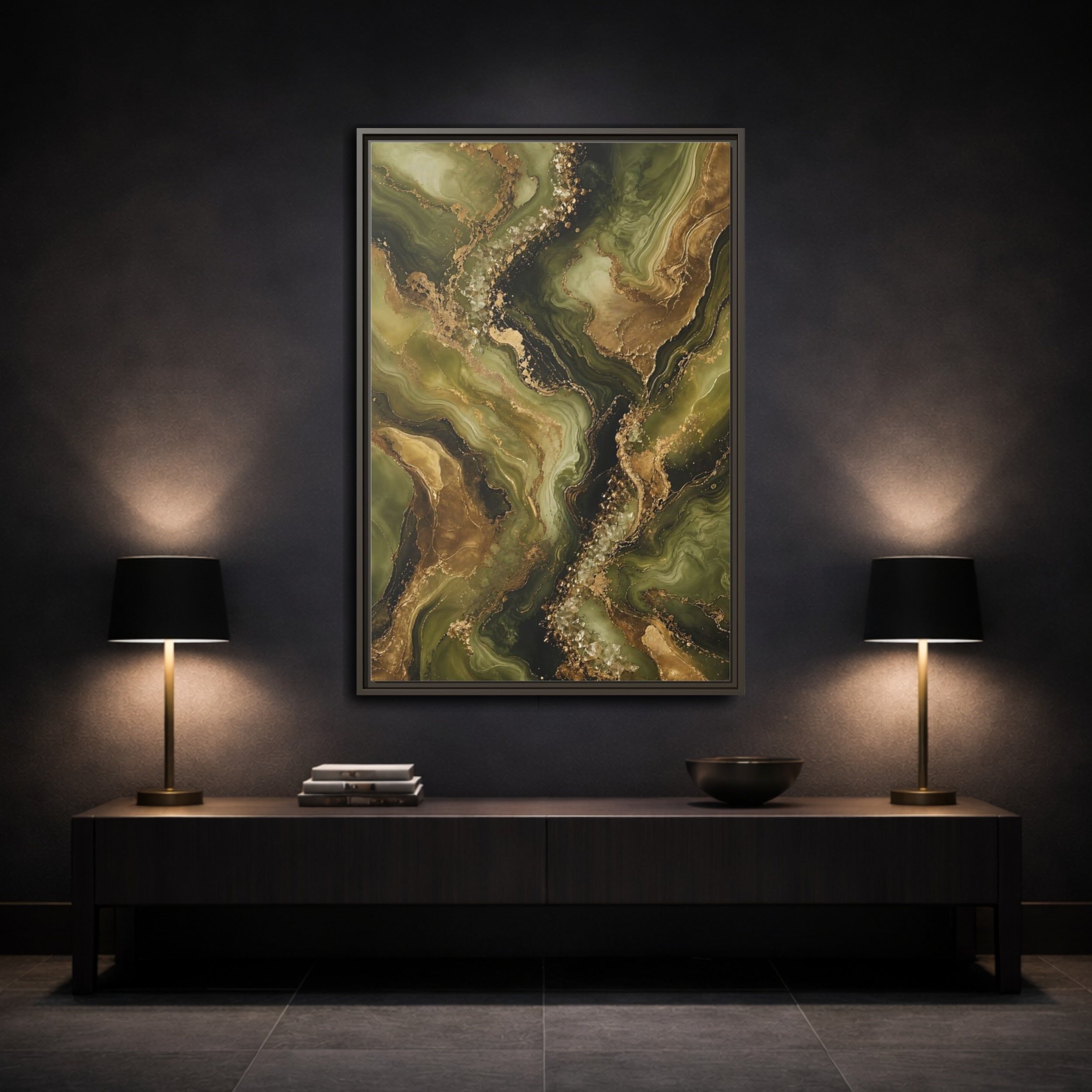 Mockup 3. Abstract Agate Stone Green And Gold shown as stretched canvas wall art