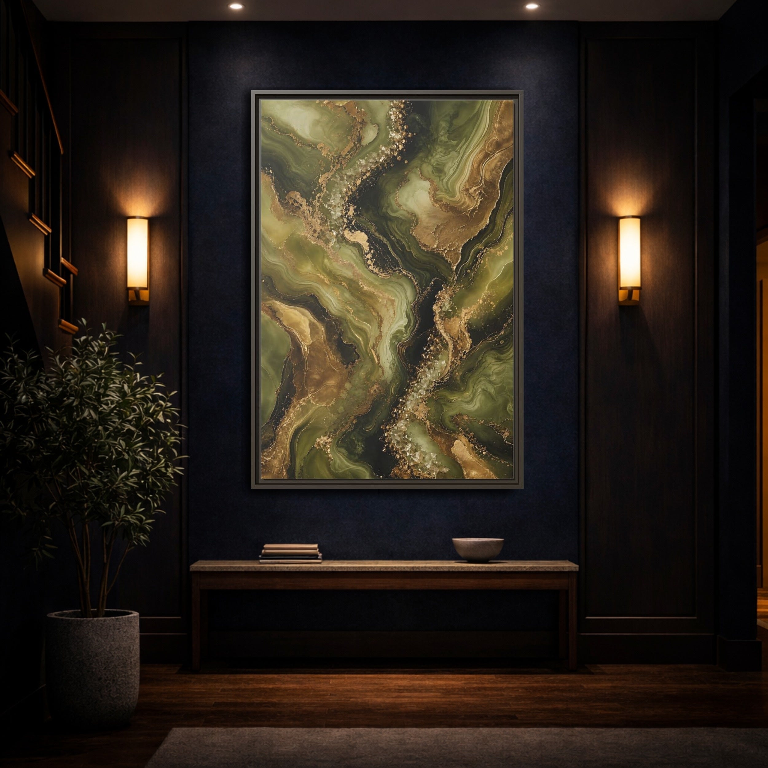 Mockup 4. Abstract Agate Stone Green And Gold shown as stretched canvas wall art