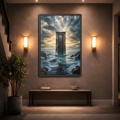 Mockup 2. Abstract Ancient Door Ocean Door Abstract shown as stretched canvas wall art