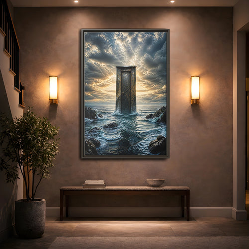 Mockup 2. Abstract Ancient Door Ocean Door Abstract shown as stretched canvas wall art