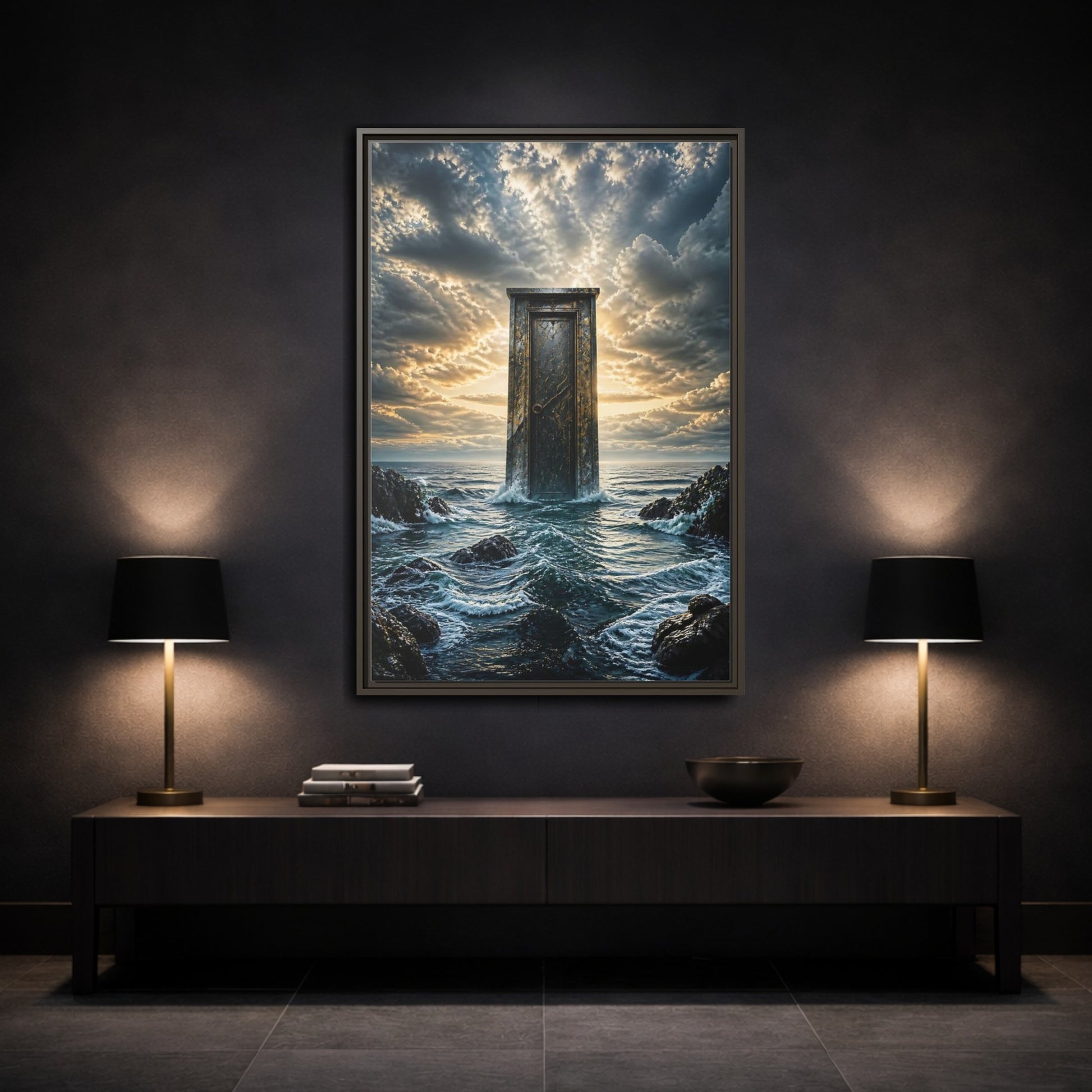 Mockup 3. Abstract Ancient Door Ocean Door Abstract shown as stretched canvas wall art