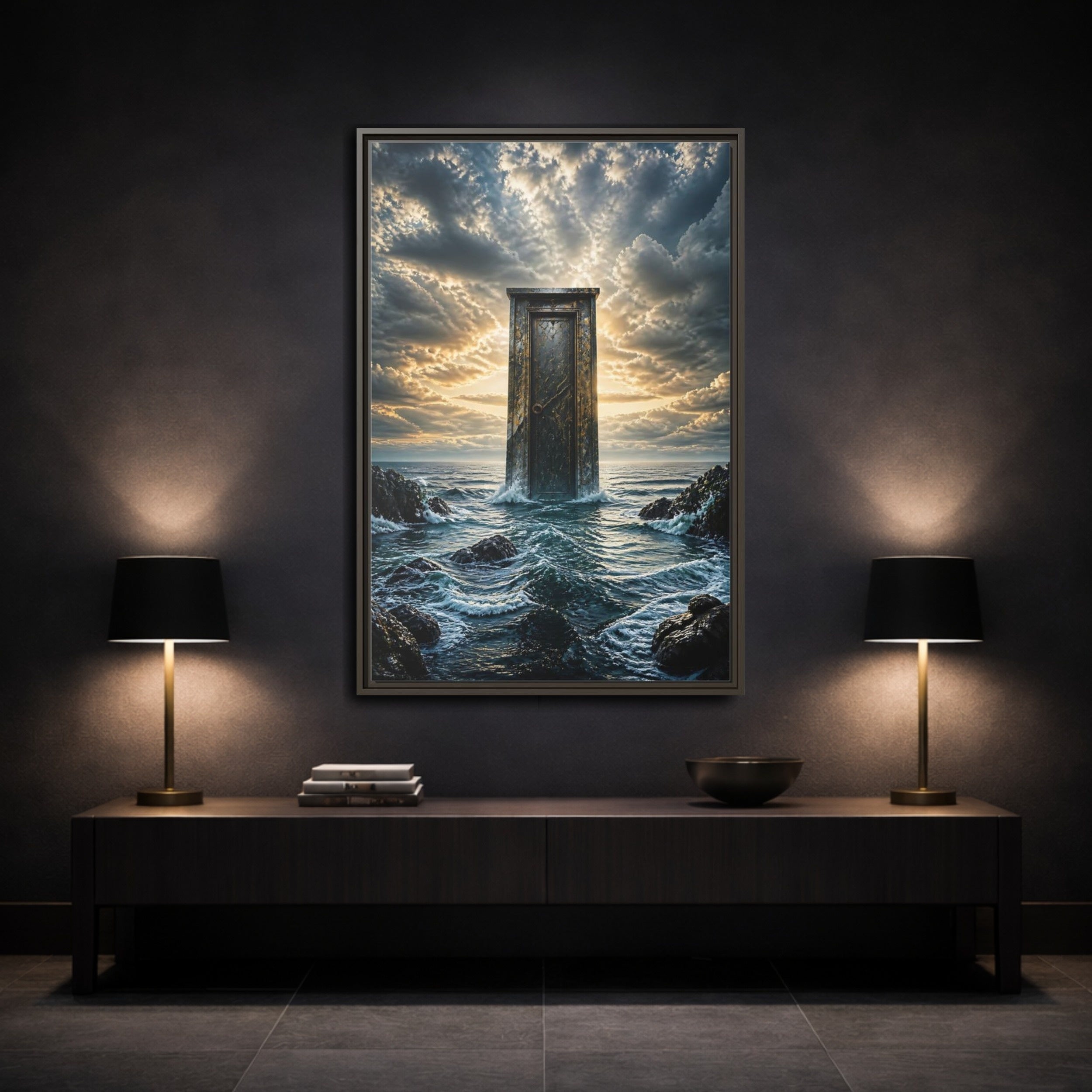 Mockup 3. Abstract Ancient Door Ocean Door Abstract shown as stretched canvas wall art