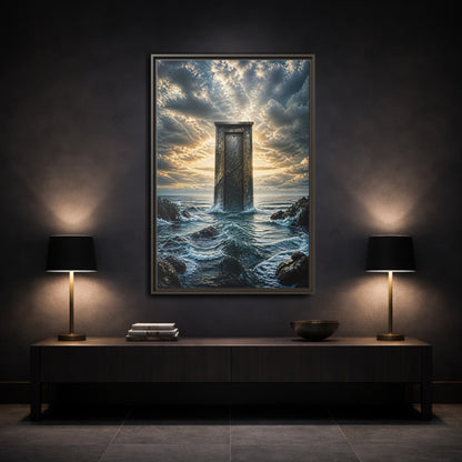 Mockup 3. Abstract Ancient Door Ocean Door Abstract shown as stretched canvas wall art