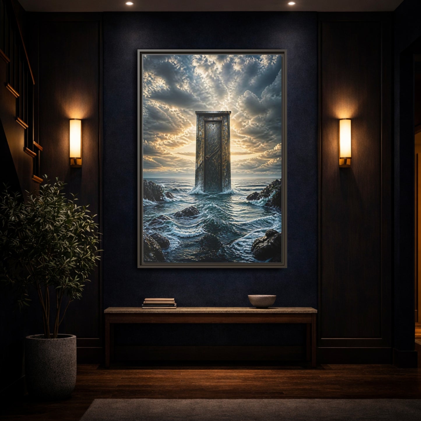 Mockup 4. Abstract Ancient Door Ocean Door Abstract shown as stretched canvas wall art