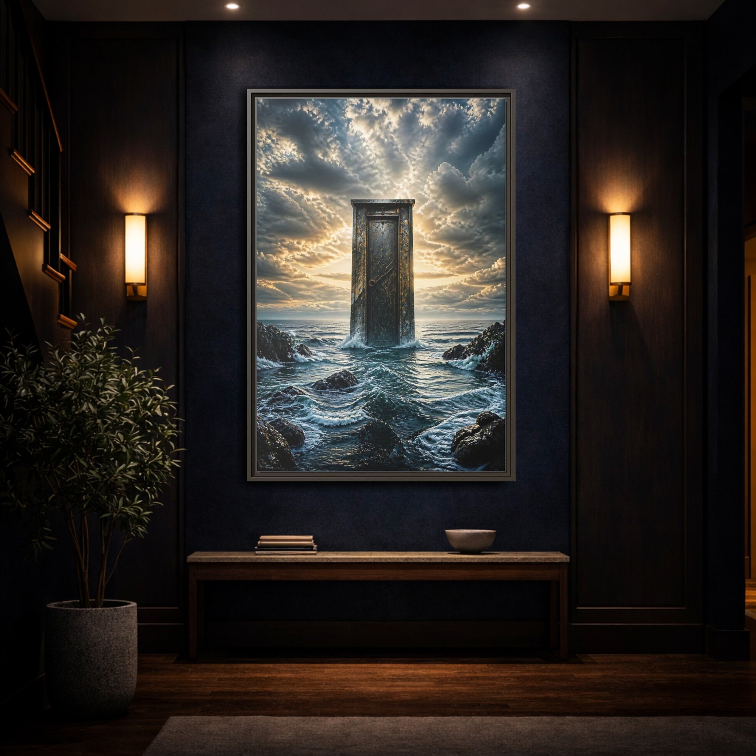 Mockup 4. Abstract Ancient Door Ocean Door Abstract shown as stretched canvas wall art
