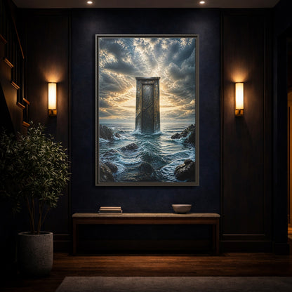 Mockup 4. Abstract Ancient Door Ocean Door Abstract shown as stretched canvas wall art