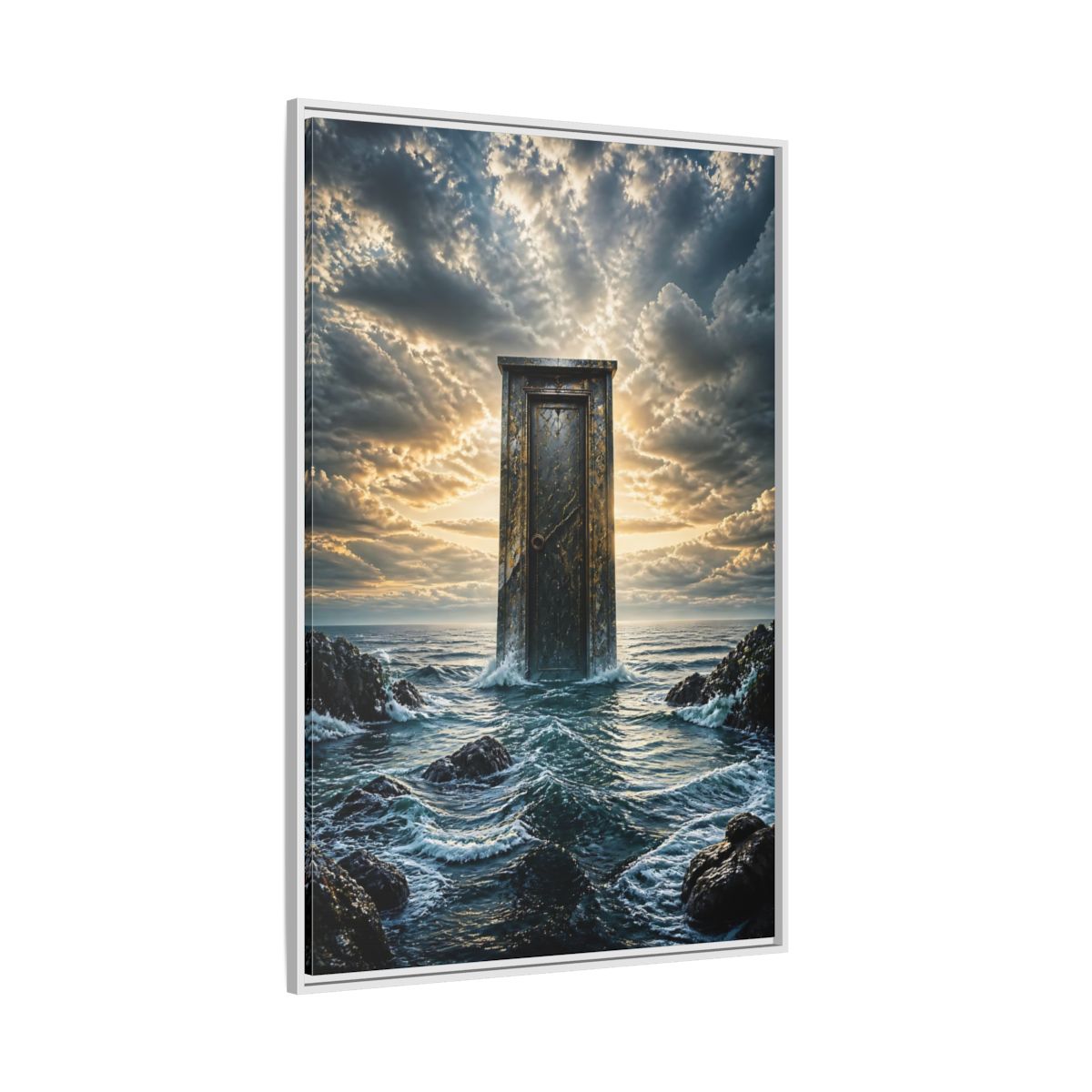 Side Mockup 7. Abstract Ancient Door Ocean Door Abstract shown as stretched canvas wall art