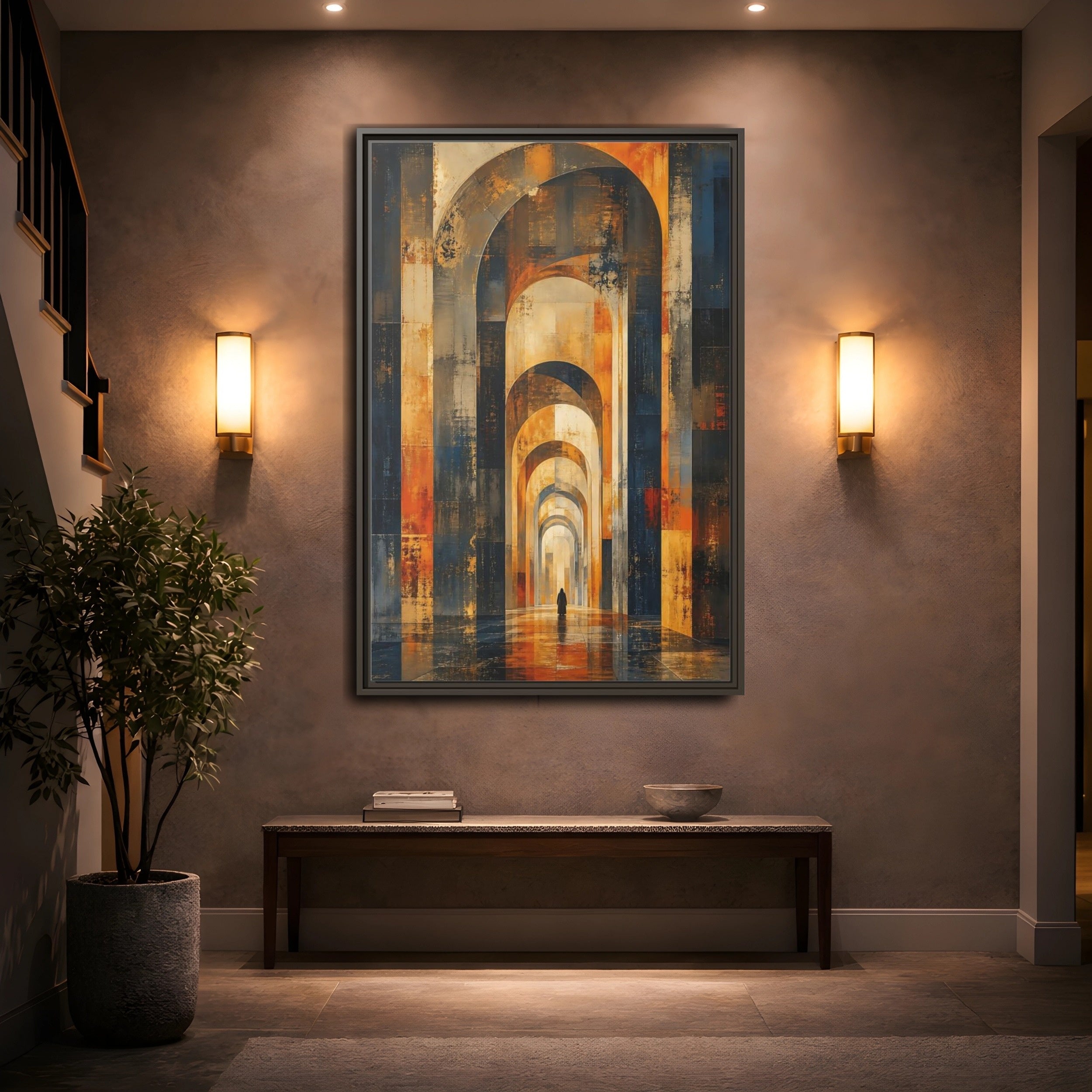 Mockup 2. Abstract Arched Corridor Orange Blue Abstract shown as stretched canvas wall art