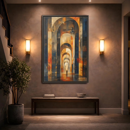 Abstract Arched Corridor Orange Blue Framed Canvas Wall Art - Living Room Decor shown as canvas wall art