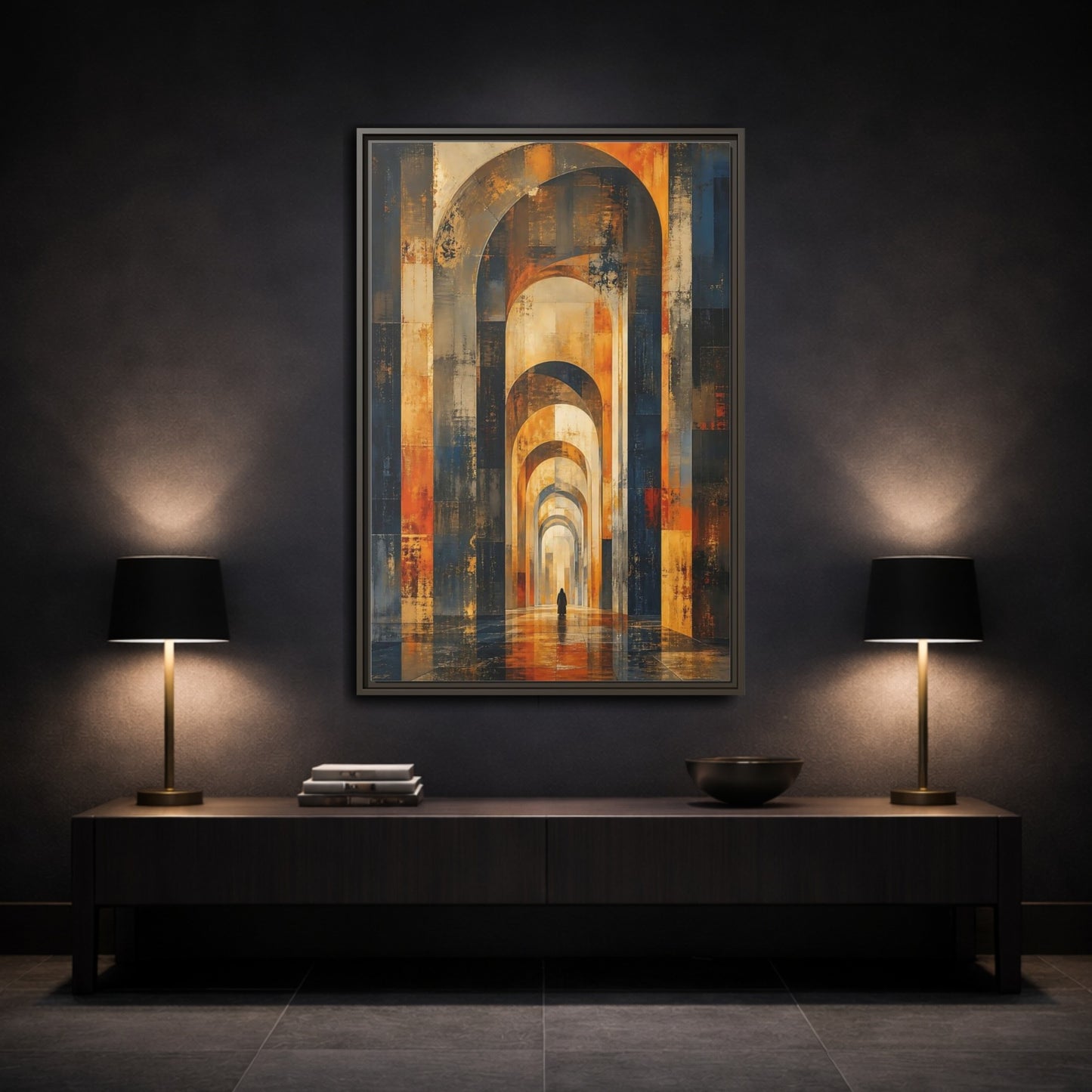 Abstract Arched Corridor Orange Blue Framed Canvas Wall Art - Living Room Decor shown as canvas wall art