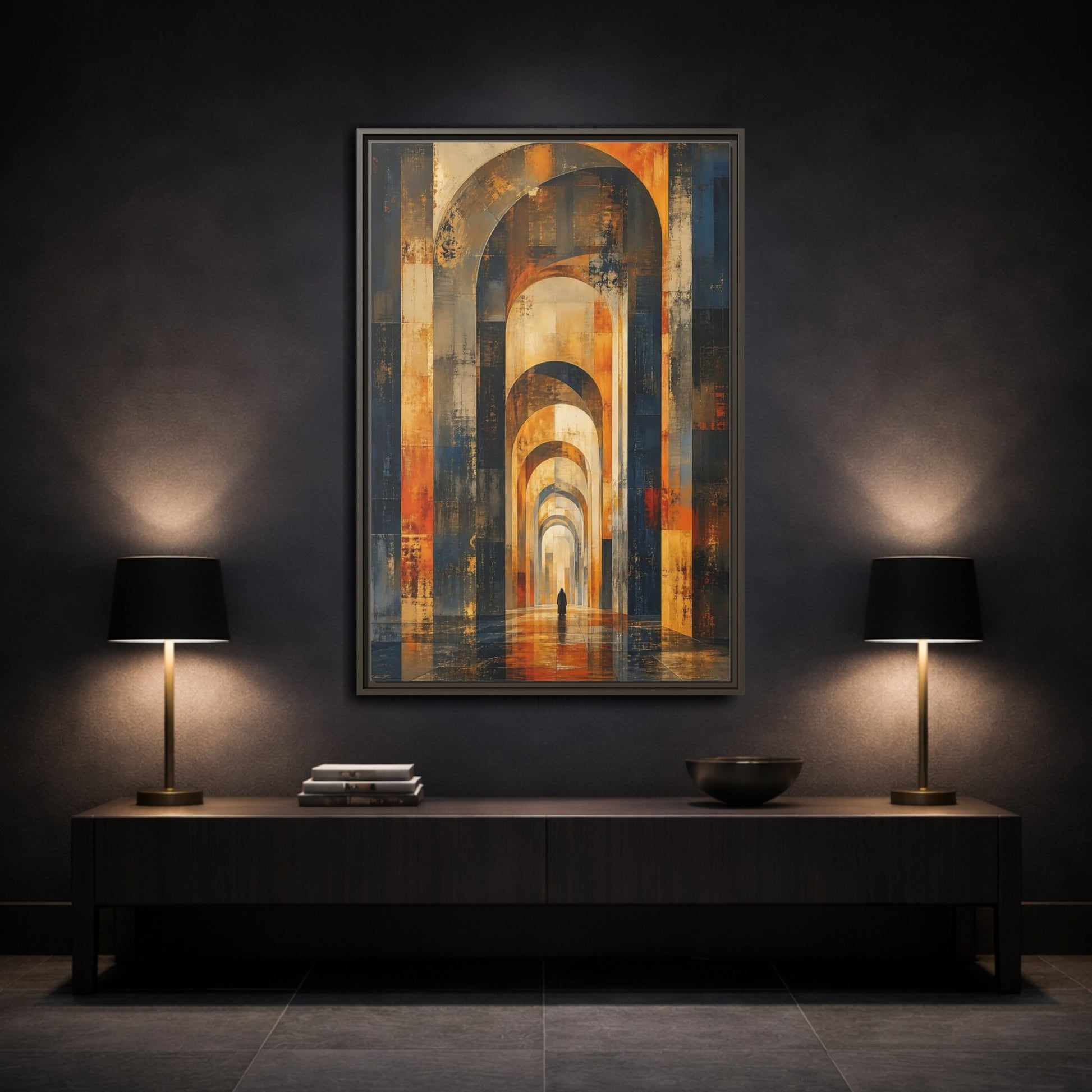 Abstract Arched Corridor Orange Blue Framed Canvas Wall Art - Living Room Decor shown as canvas wall art