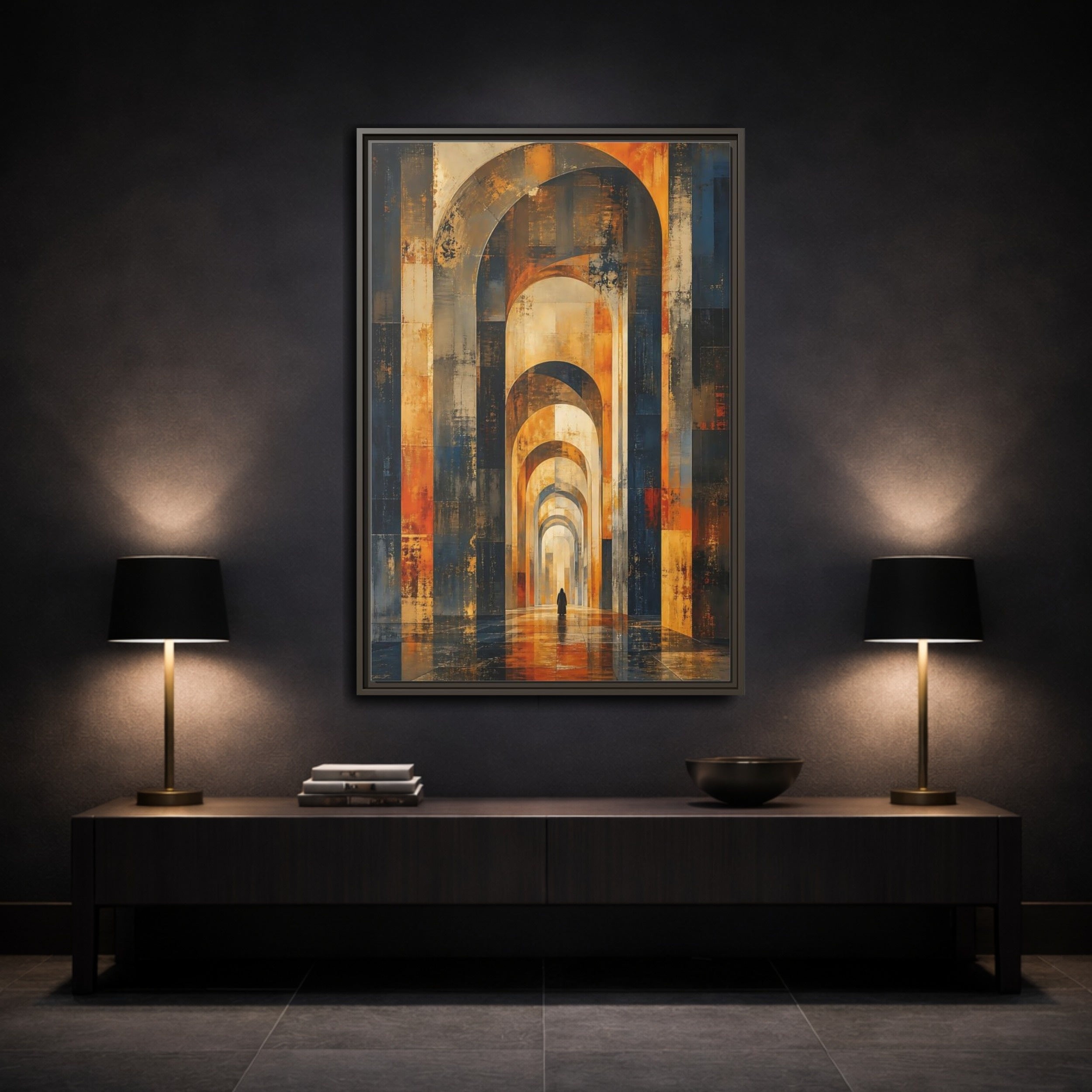 Mockup 3. Abstract Arched Corridor Orange Blue Abstract shown as stretched canvas wall art