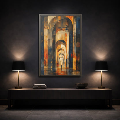 Abstract Arched Corridor Orange Blue Framed Canvas Wall Art - Living Room Decor shown as canvas wall art