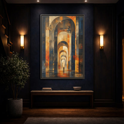 Abstract Arched Corridor Orange Blue Framed Canvas Wall Art - Living Room Decor shown as canvas wall art